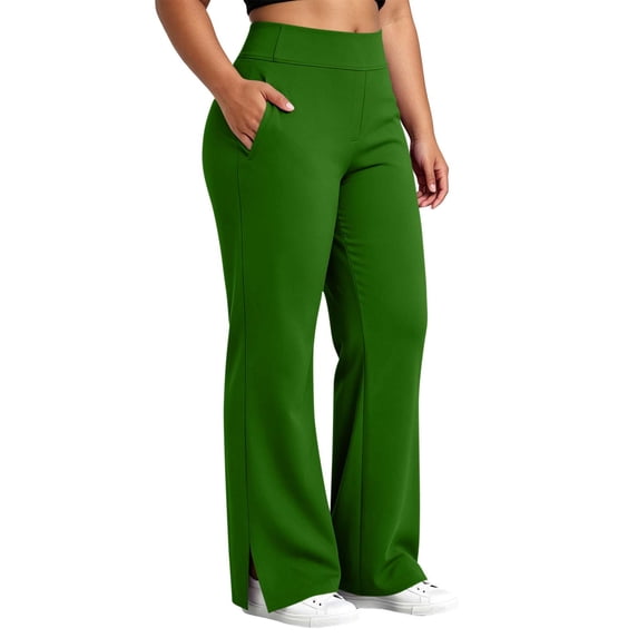 Wensltd Women Plus Size Flared Pants Wide Elastic Waist Side Slit Hem Side Pocket Solid Full Length Casual Pants