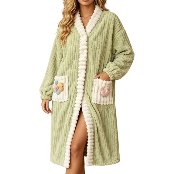Wensltd Women Plush Robe Long Sleeve V Neck Winter Bathrobe Soft Warm Winter with Pockets