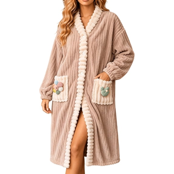 Wensltd Women Plush Robe Long Sleeve V Neck Winter Bathrobe Soft Warm Winter with Pockets