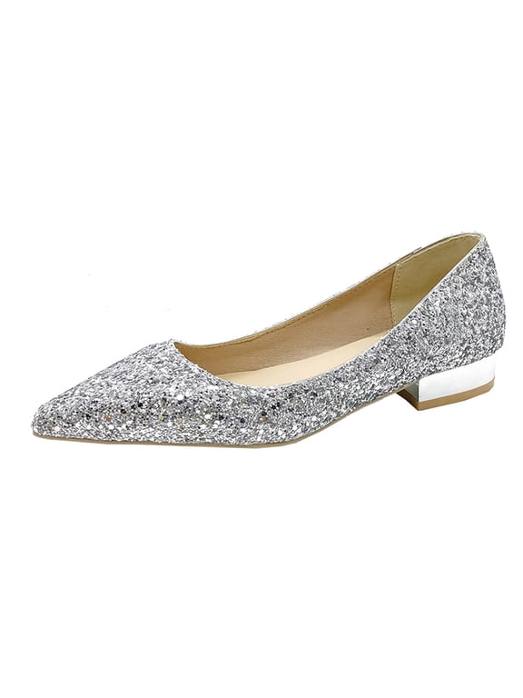 Women Pointed Toe Block Heel Pumps Sequins Wide Width Comfort Wedding Party Shoes Plus Size Silver