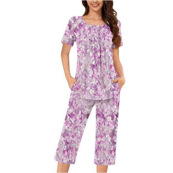 Wensltd Women Print Two Piece Sleepwear Set Short Sleeve Comfy Capri Pants with Side Pockets for All Season