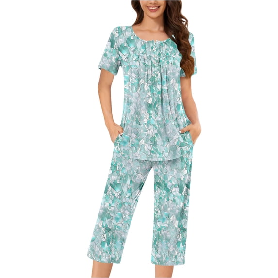 Wensltd Women Print Two Piece Sleepwear Set Short Sleeve Comfy Capri Pants with Side Pockets for All Season