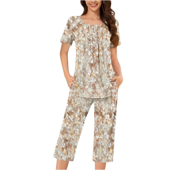 Wensltd Women Print Two Piece Sleepwear Set Short Sleeve Comfy Capri Pants with Side Pockets for All Season