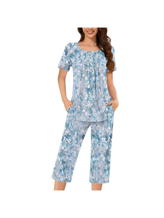 Women Print Two Piece Sleepwear Set Short Sleeve Comfy Capri Pants with Side Pockets for All Season