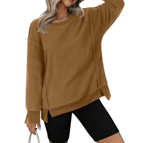 Wensltd Women Pullover Crewneck Fuzzy Blouse Tops Long Sleeve Fall Winter Warm Thick Sweatshirt Blue