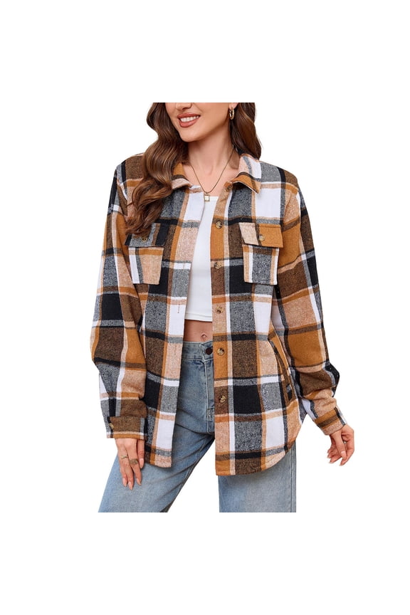 Women Red Plaid Fleece Jacket Fashion Long Sleeve Casual Trendy Hoodless Blouses