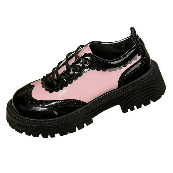 Wensltd Women Retro Round Toe Color Block Lace-Up Chunky Heel Loafers Mid Heel Fashion Casual Shoe Trendy