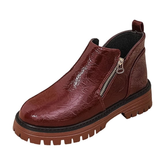 Wensltd Women Round Toe Short Boots Side Zipper Chunky Heel British Style Comfort Fashion Shoes