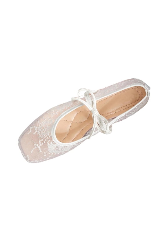 Women Shoes Spring Fall Square Toe Flats Lace Design Mesh Upper Cutout Style Shoes Dressy Wear White