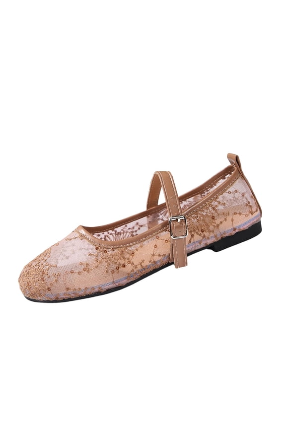 Women Shoes Spring Fall Square Toe Flats Lace Design Mesh Upper Cutout Style Shoes Dressy Wear