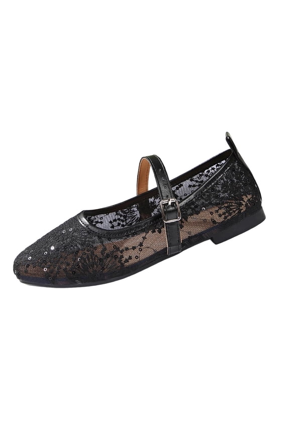 Women Shoes Spring Fall Square Toe Flats Lace Design Mesh Upper Cutout Style Shoes Dressy Wear