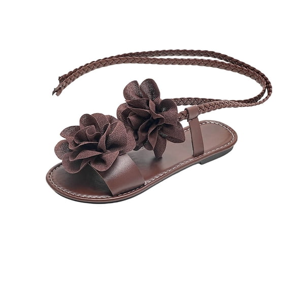 Wensltd Women Shoes Spring Summer Open Toe Sandals with Lace up and Flower Detail Flat Comfort Shoes for Casual Outings Coffee