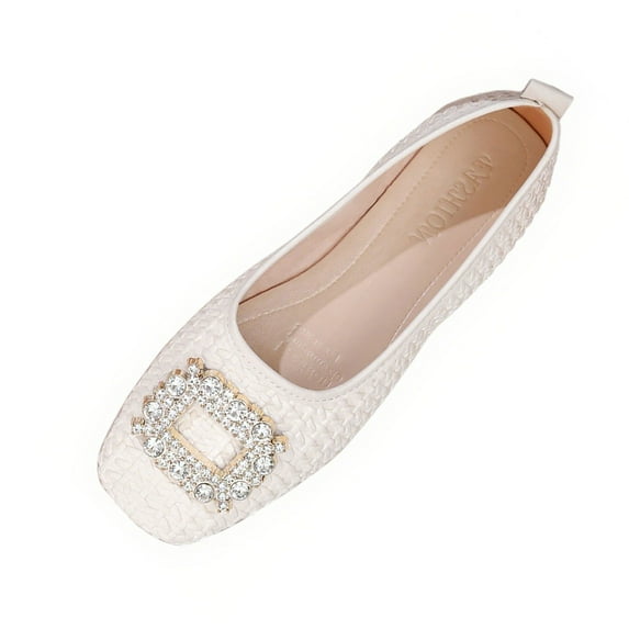 Wensltd Women Shoes Square Toe Shallow Mouth Dressy Work Shoes Rhinestone Casual Comfortable Flats