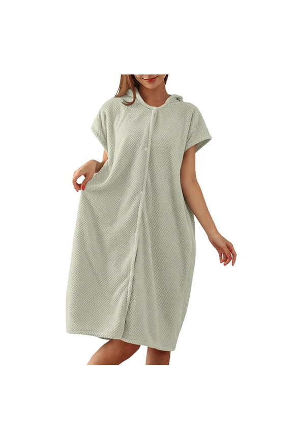 Women Short Sleeve Plush Bath Robe House Coat Solid Soft Lightweight Comfy Loose Midi Hooded Zip Front Sleep Robe