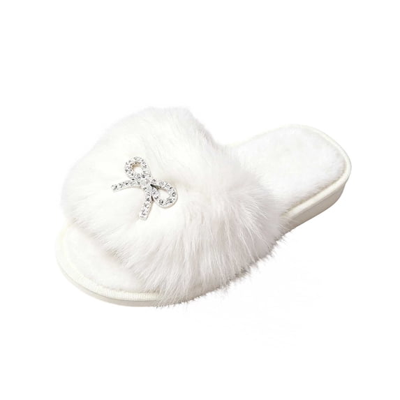 Wensltd Women Slippers Open Toe Slippers Plush Warm Soft Bow Decor Fashion For Autumn Winter Indoor Home Daily Wear White