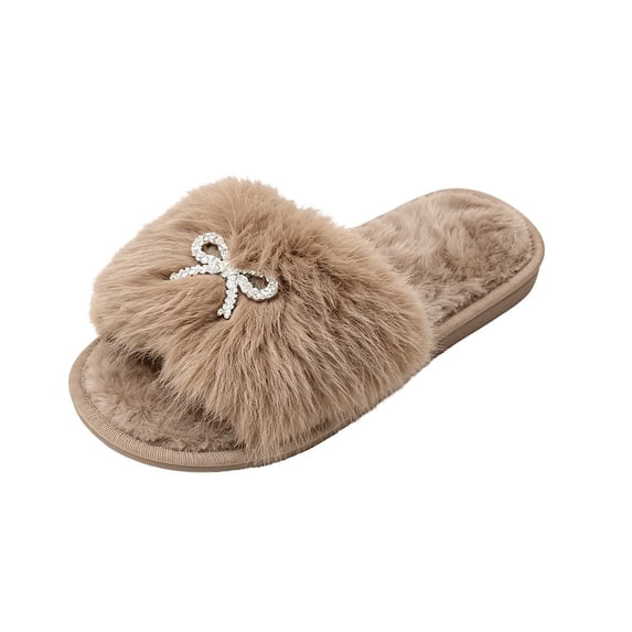 Wensltd Women Slippers Open Toe Slippers Plush Warm Soft Bow Decor Fashion For Autumn Winter Indoor Home Daily Wear