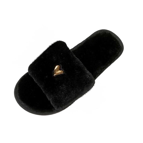 Wensltd Women Slippers Open Toe Slippers Plush Warm Soft Heart Decor Round Toe For Indoor Home Casual Daily Wear Black