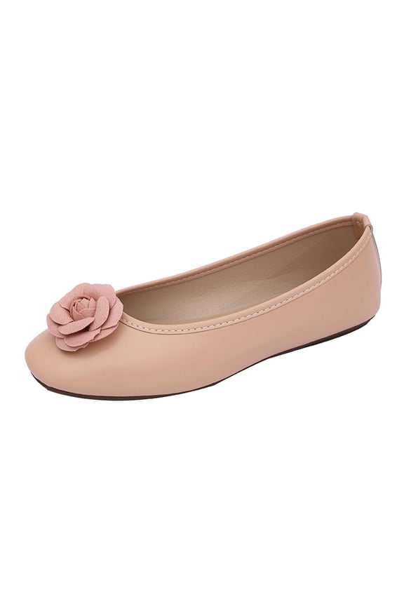 Women Solid Color Ballet Flats Soft Soled Comfy Round Toe Flower Decor Shoes