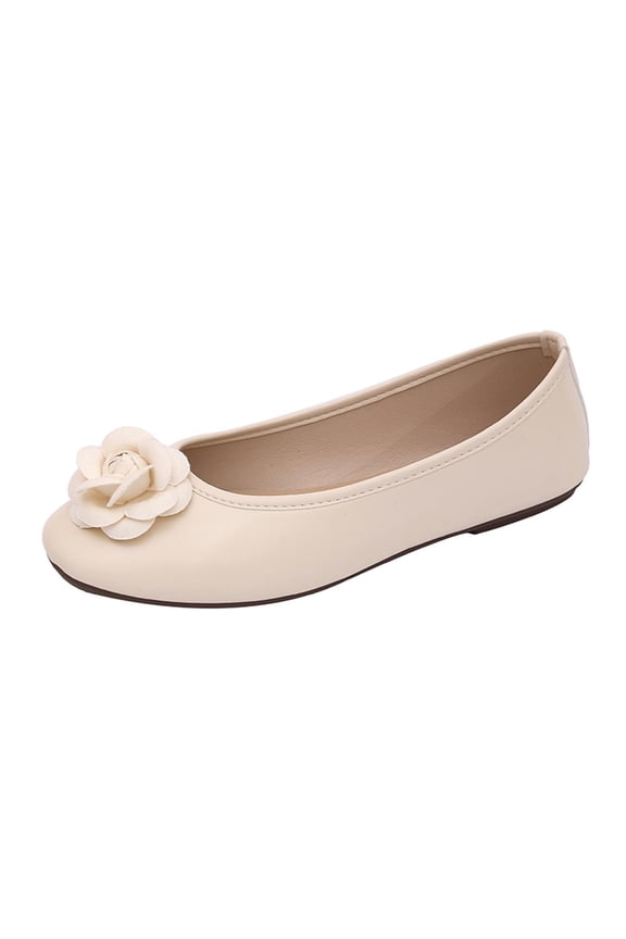 Women Solid Color Ballet Flats Soft Soled Comfy Round Toe Flower Decor Shoes