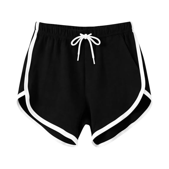 Wensltd Women Solid Color Curved Hem Shorts with White Trim Elastic Waist Drawstring Casual Running Shorts 2PC Black