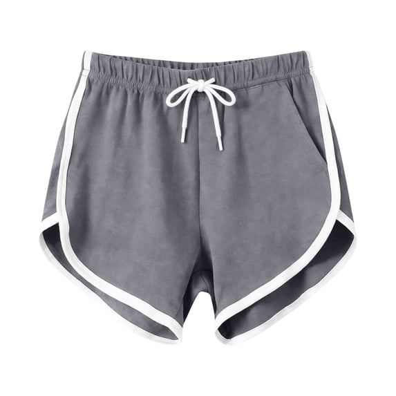 Wensltd Women Solid Color Curved Hem Shorts with White Trim Elastic Waist Drawstring Casual Running Shorts 2PC Gray