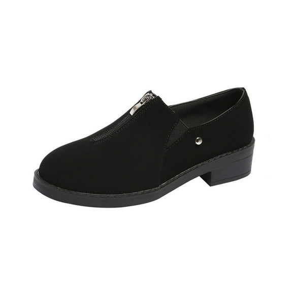 Wensltd Women Solid Color Round Toe Chunky Low Heel Loafers Versatile Wear Round Toe Shoe