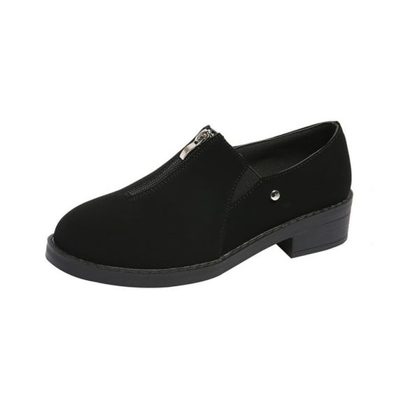 Wensltd Women Solid Color Round Toe Chunky Low Heel Loafers Versatile Wear Round Toe Shoe