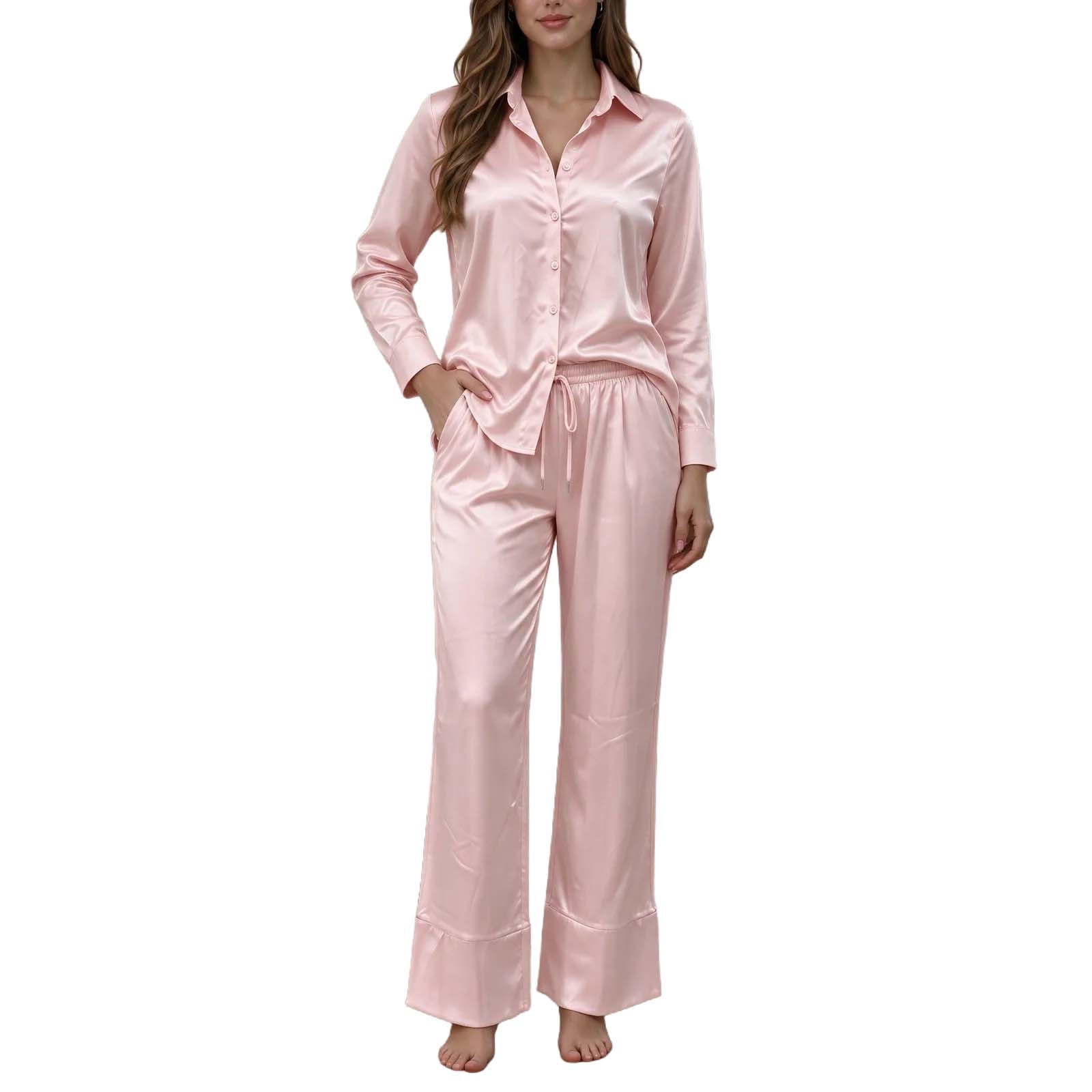 Large Turn Button Wensltd Women Solid Color Satin Pajama Set Long Sleeve Button Down Tops ...
