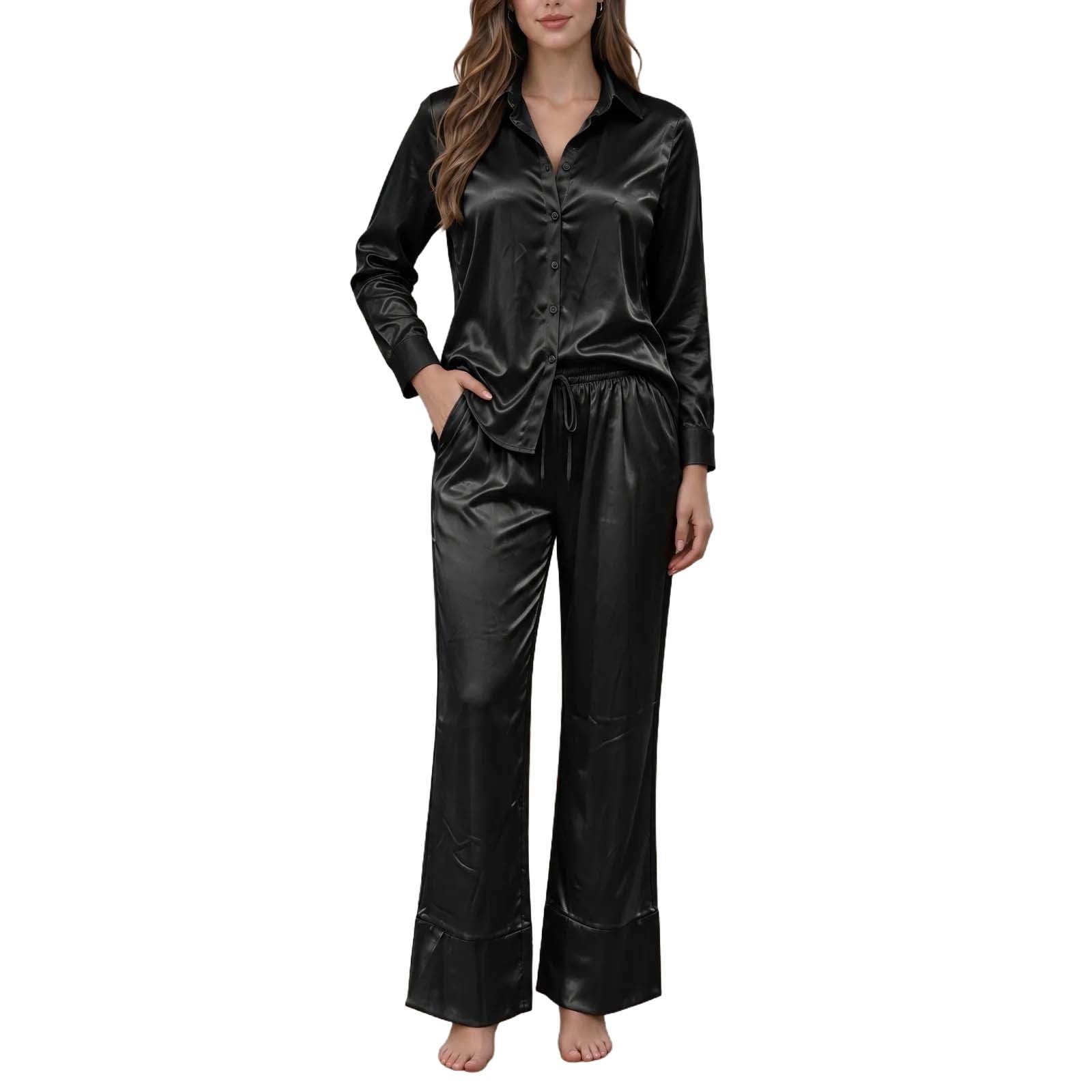 Large Turn Button Wensltd Women Solid Color Satin Pajama Set Long Sleeve Button Down Tops ...