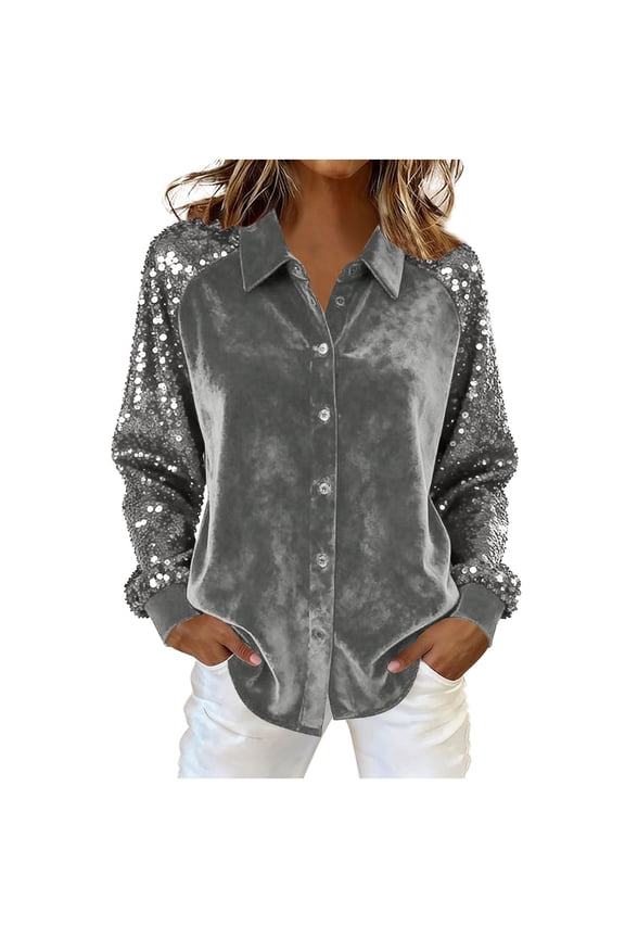 Women Solid Color Sequin Sleeve Button Down Shirt Elegant Spring Summer Relaxed Fit Party Work Blouse
