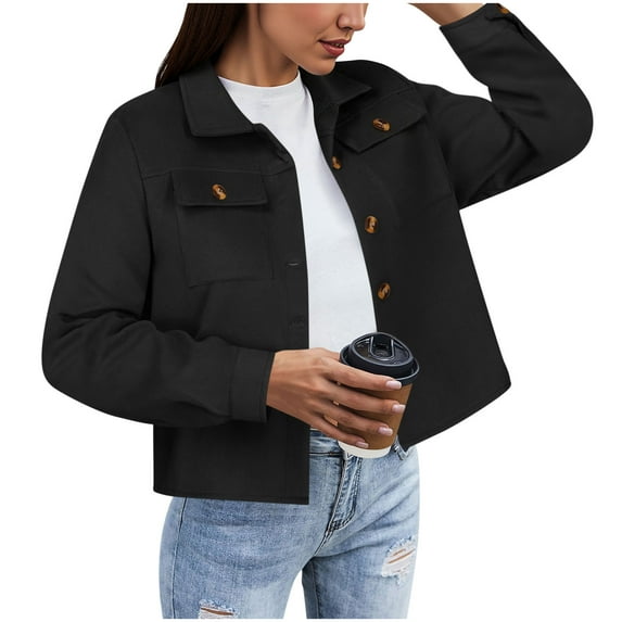 Wensltd Women Solid Color Short Coat Long Sleeve Button Down Outerwear with Pockets Fall Winter Warm Casual Fashion Tops for Women