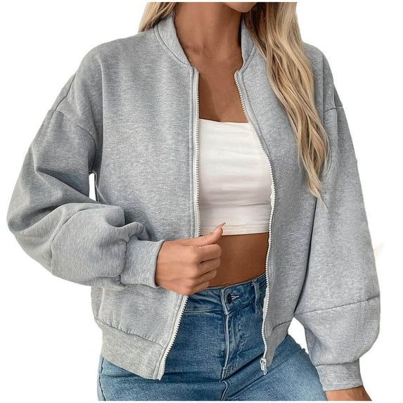 Wensltd Women Solid Color Short Jacket Full Zip Up Long Sleeve Lightweight Casual Athletic Coat Tops Gray