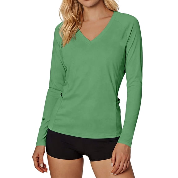 Wensltd Women Solid Color Sun Protection Long Sleeve Shirts V Neck Pullover Style with Side Pockets Soft Shirts