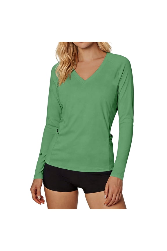 Women Solid Color Sun Protection Long Sleeve Shirts V Neck Pullover Style with Side Pockets Soft Shirts