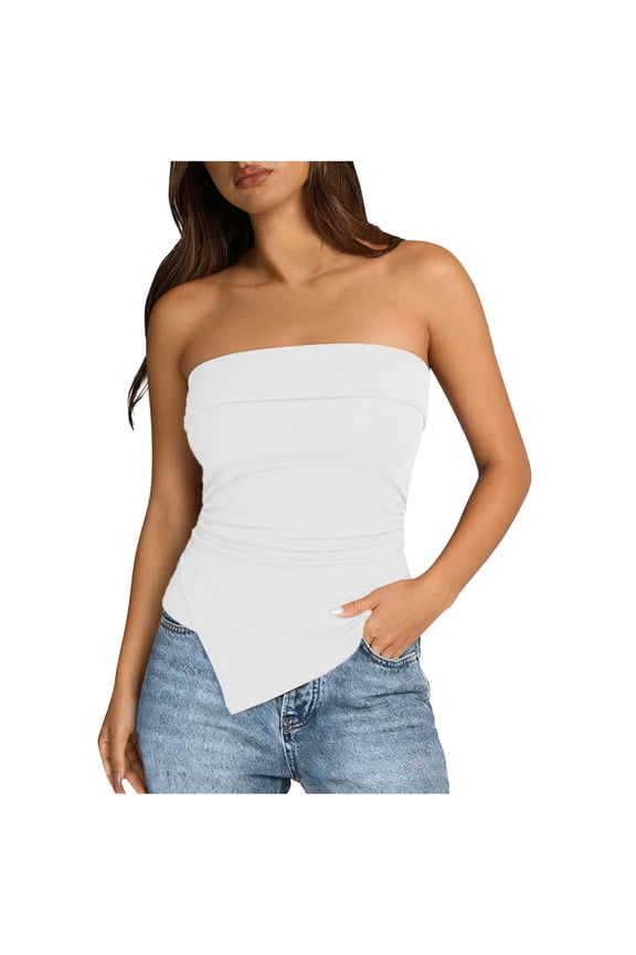 Women Solid Color Tube Top Spring Summer Daily Wear Fashion Tunic Tops White M