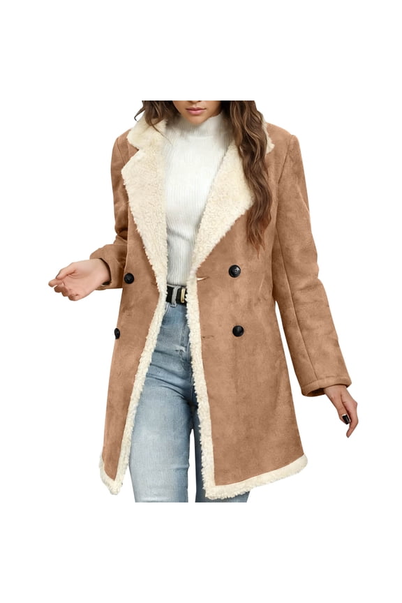 Women Solid Color Turn-Down Collar Coat with Pocket Button Long Sleeve Fleece Outerwear Top Winter Warm Daily Wear