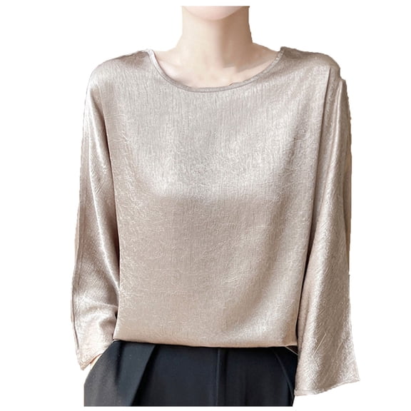 Wensltd Women Solid Color V Neck Long Sleeve Satin Blouses Casual Comfy Solid Color Trendy Dressy Party Tops
