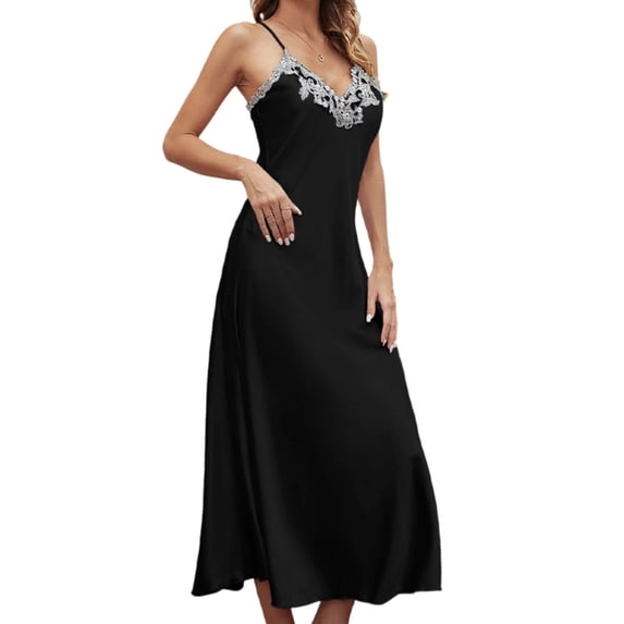 Wensltd Women Spaghetti Strap V Neck Nightgown Solid Soft Lightweight Comfy Lace Trim Sleep Dress