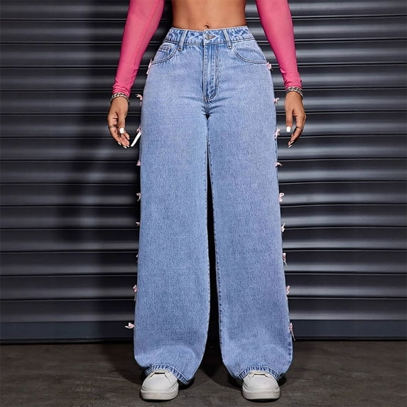 Wensltd Women Straight Jeans Trendy High Waisted Stretchy Casual Denim Pants Baggy Trouser