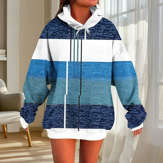 Wensltd Women Stripe Print Pullover Hoodie Lightweight Long Sleeve Basic Casual Sweatshirt
