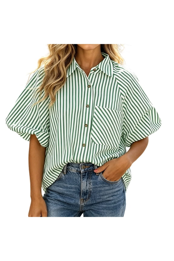 Women Striped Collared Button Down Blouses Regular Fit Puff Sleeve Tops with Chest Pocket Green M