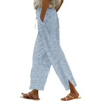 Wensltd Women Summer Pants Casual Striped Printed Trousers Elastic Waist Pockets