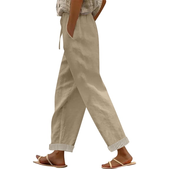 Wensltd Women Summer Pants Wide Leg Drawstring Casual Linen Trousers Elastic Waist Pockets