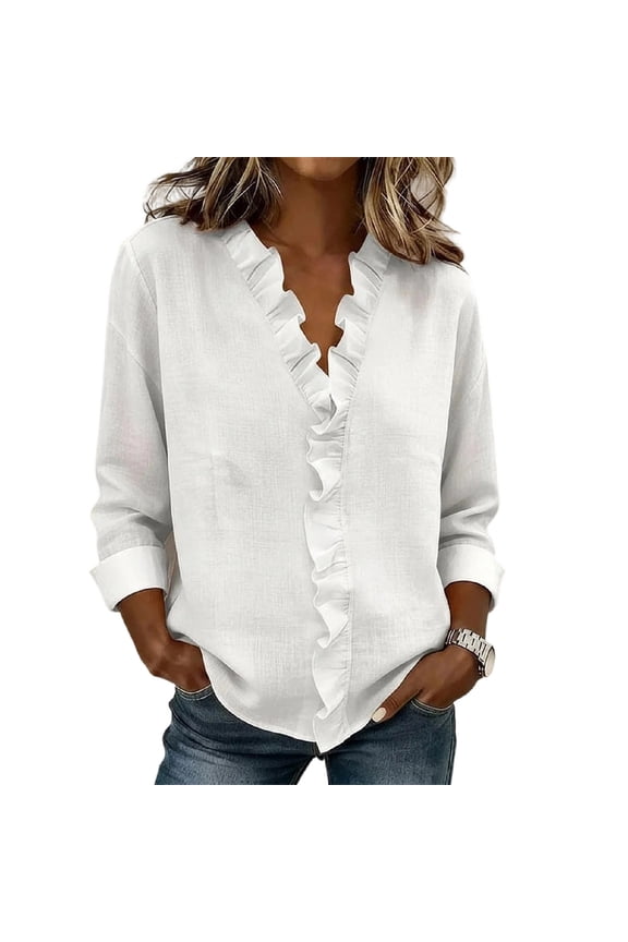 Women Summer Shirts Loose Fit Ruffle Neck Long Sleeve Cotton Linen Blouses Solid Color Soft Blouses