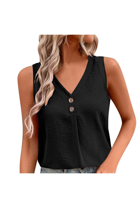 Women Summer Solid Color V Neck Button Decor Sleeveless Tank Top Simple Casual Style for Daily Wear Black