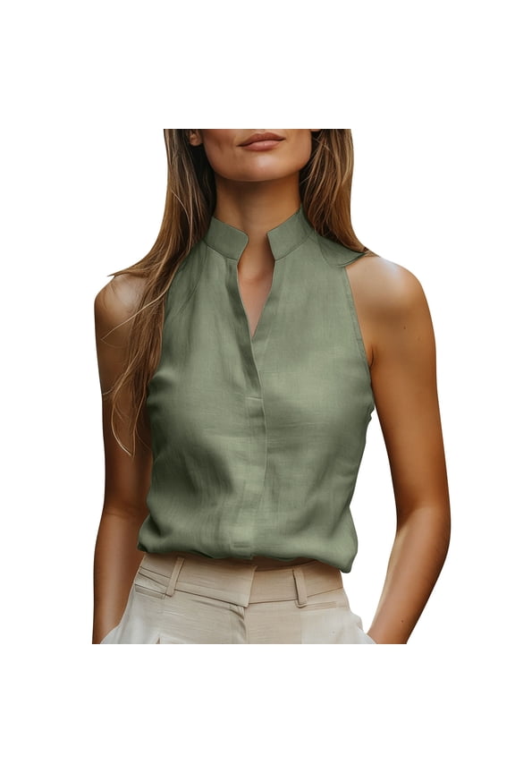 Women Summer Work Shirts Loose Fit V Neck Sleeveless Vest Solid Color Summer Casual Daily Wear Lightweight Blouses