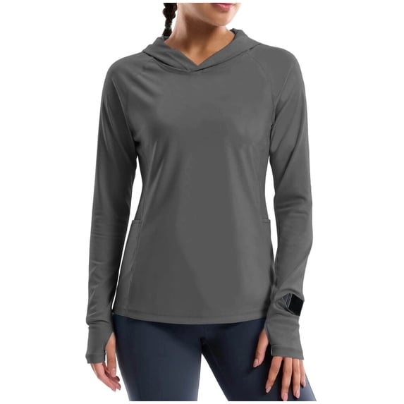 Wensltd Women Sun Protection Hooded Long Sleeve Beach Tops with Pocket Solid Color Lightweight Hiking Shirts Gray
