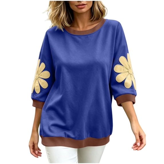Wensltd Women Sweatshirt Round Neck Three Quarter Sleeve Soft Pullover Casual Loose Fit Tops