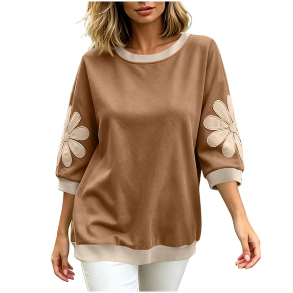 Wensltd Women Sweatshirt Round Neck Three Quarter Sleeve Soft Pullover Casual Loose Fit Tops
