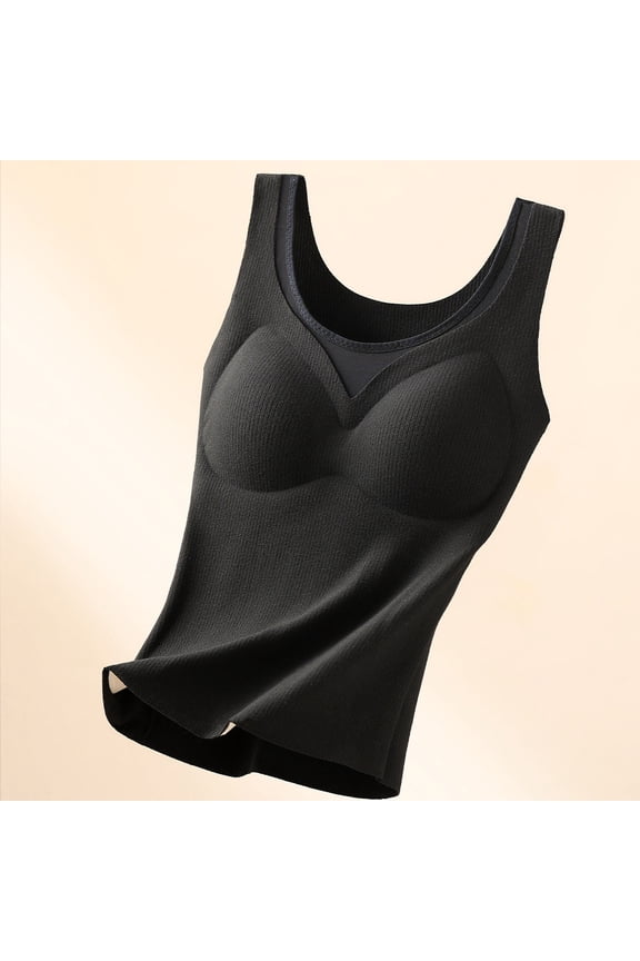 Women Thermal Vest Seamless Built in Bras Padding Fleece Lined Base Layer Top Winter Warmth Casual Everyday Black